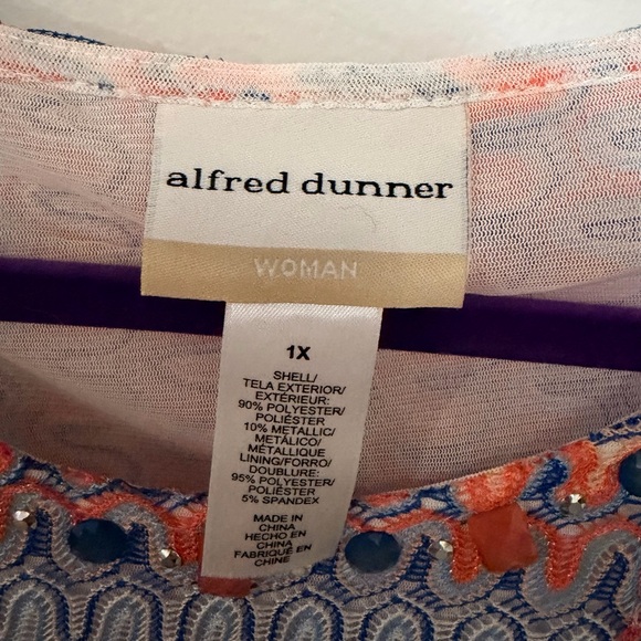 Alfred Dunner Blue and Orange Knit Patterned Blouse with gems - Picture 3 of 4